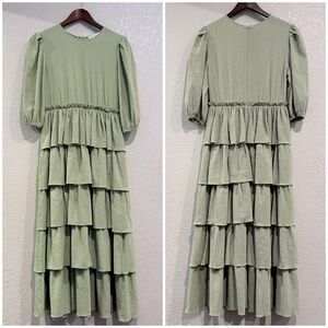 Free The Roses Green Tiered Maxi Dress Size Small Puff Sleeve Cottagecore
